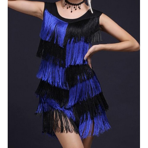 black and red royal blue purple fuchsia Women Dance Clothes Salsa Costume Ballroom Competition Latin Fringes tassels Dresses for Girls